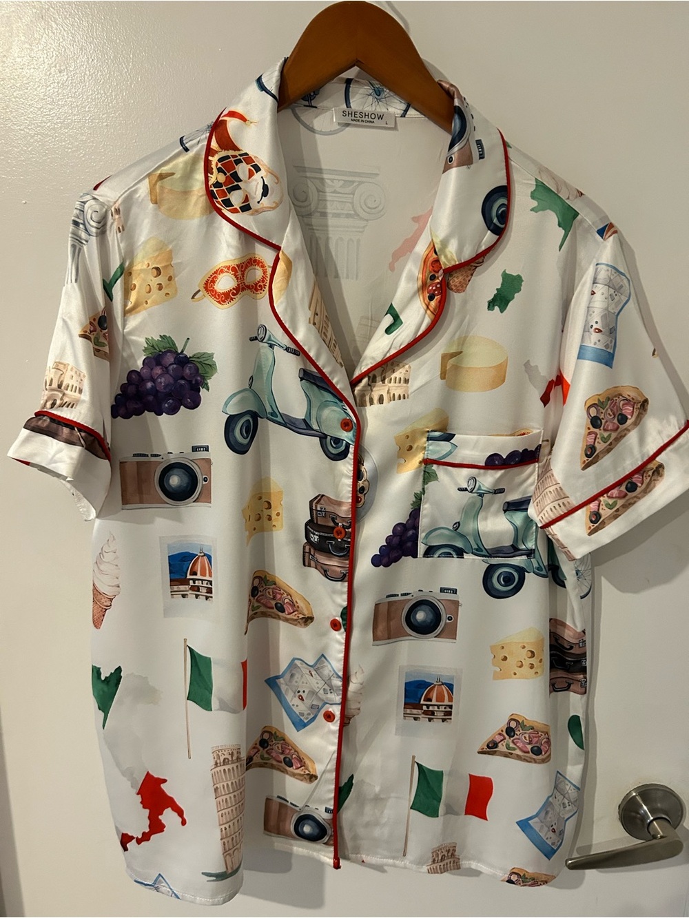 SHESHOW White Italian Print Satin Pajama Top with Red Trim